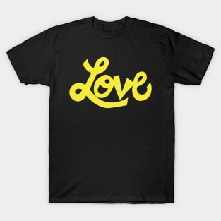 Whimsical Love cartoon illustrated text in bright yellow T-Shirt